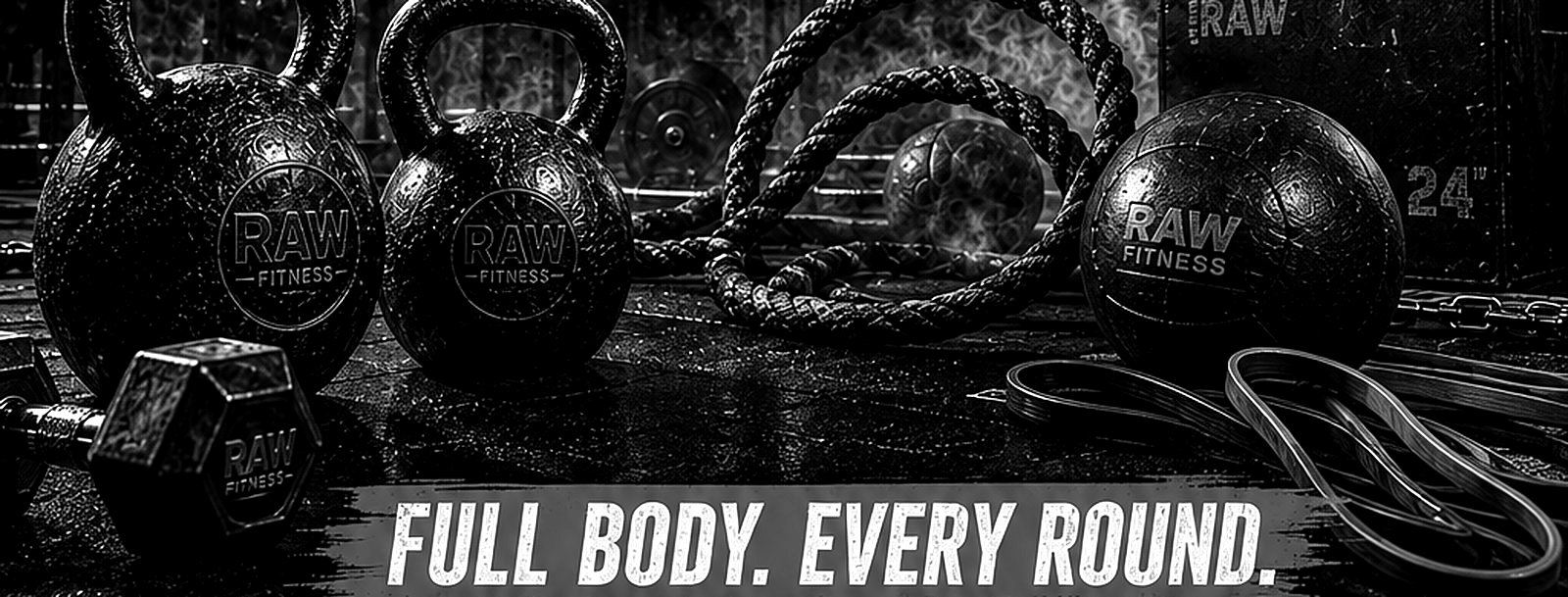 RAW Fitness GRID equipment — kettlebells, battle ropes, slam ball and box, wet from a session