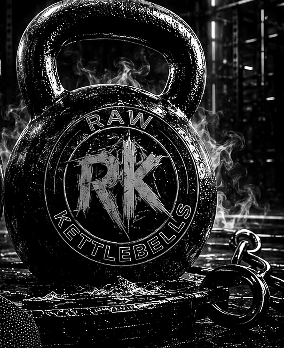 RAW Kettlebell badge on a kettlebell, wet and lit with smoke